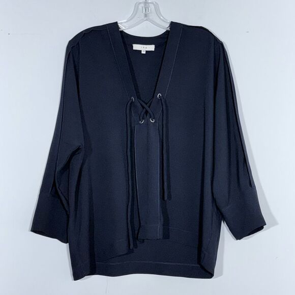 IRO Alis Lace Up Tie Front V-Neck Blouse Top 38 / 6 Navy Boxy Flowy Minimalist - Picture 11 of 16